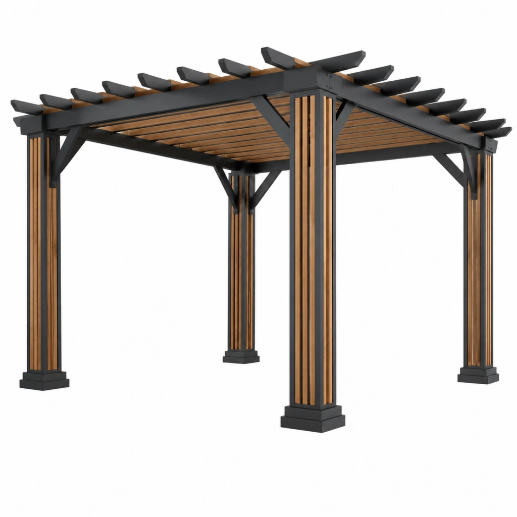 Pergola da giardino 300 x 300 x 230 cm in metallo nero e legno con copertura a listelli
