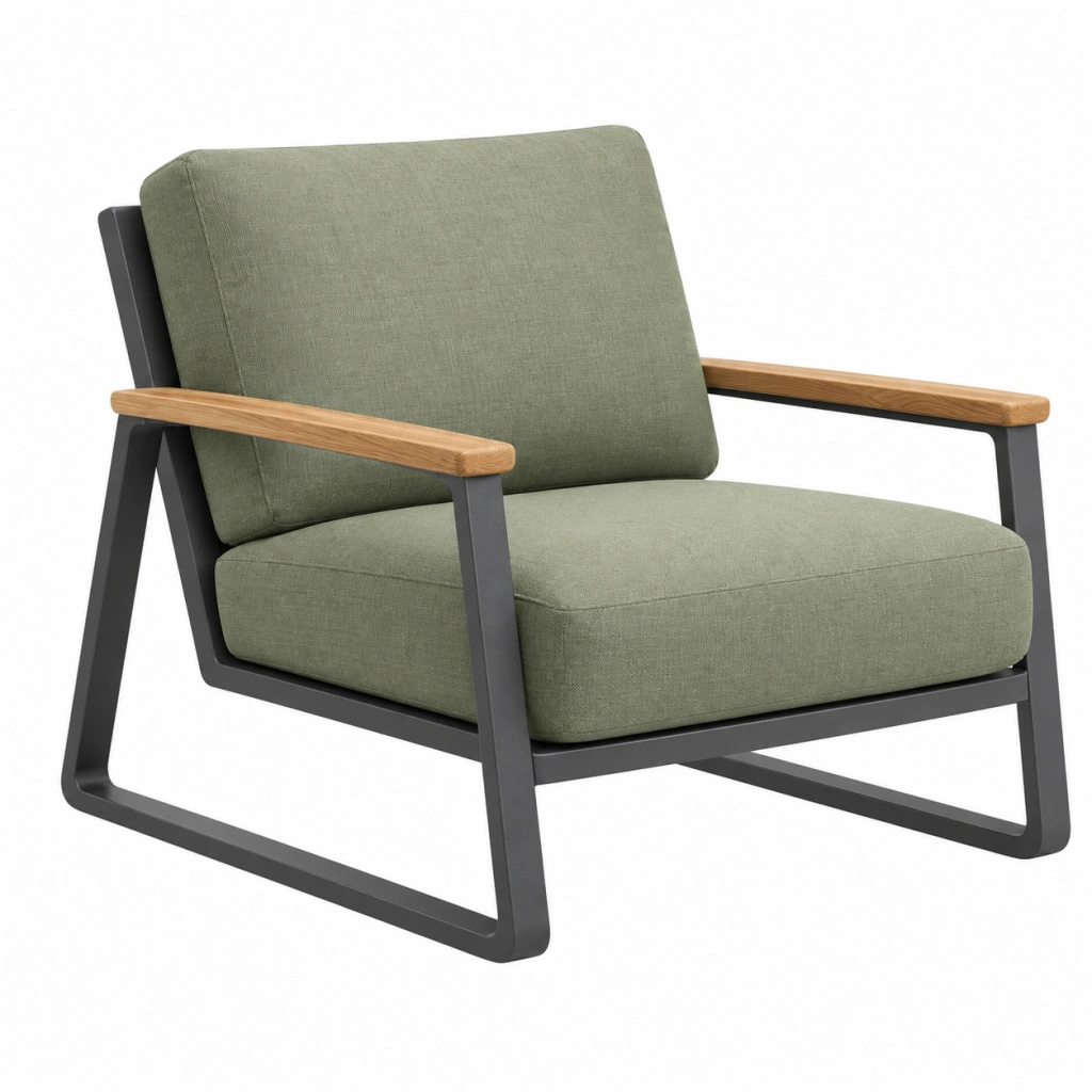 Poltrona 72 x 80 x 85 cm in tessuto verde con struttura in metallo e braccioli in legno stile moderno
