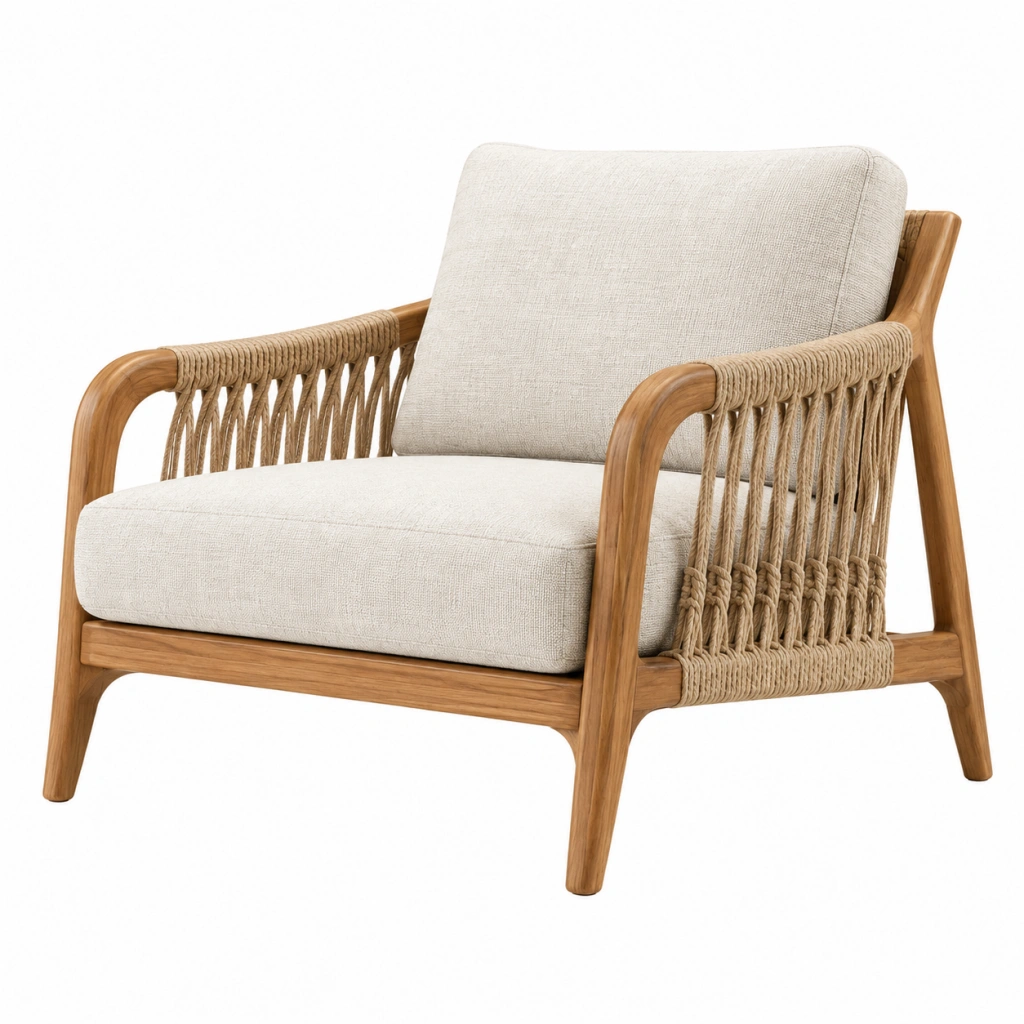 Poltrona 75 x 80 x 85 cm in legno naturale e corda con rivestimento beige stile boho