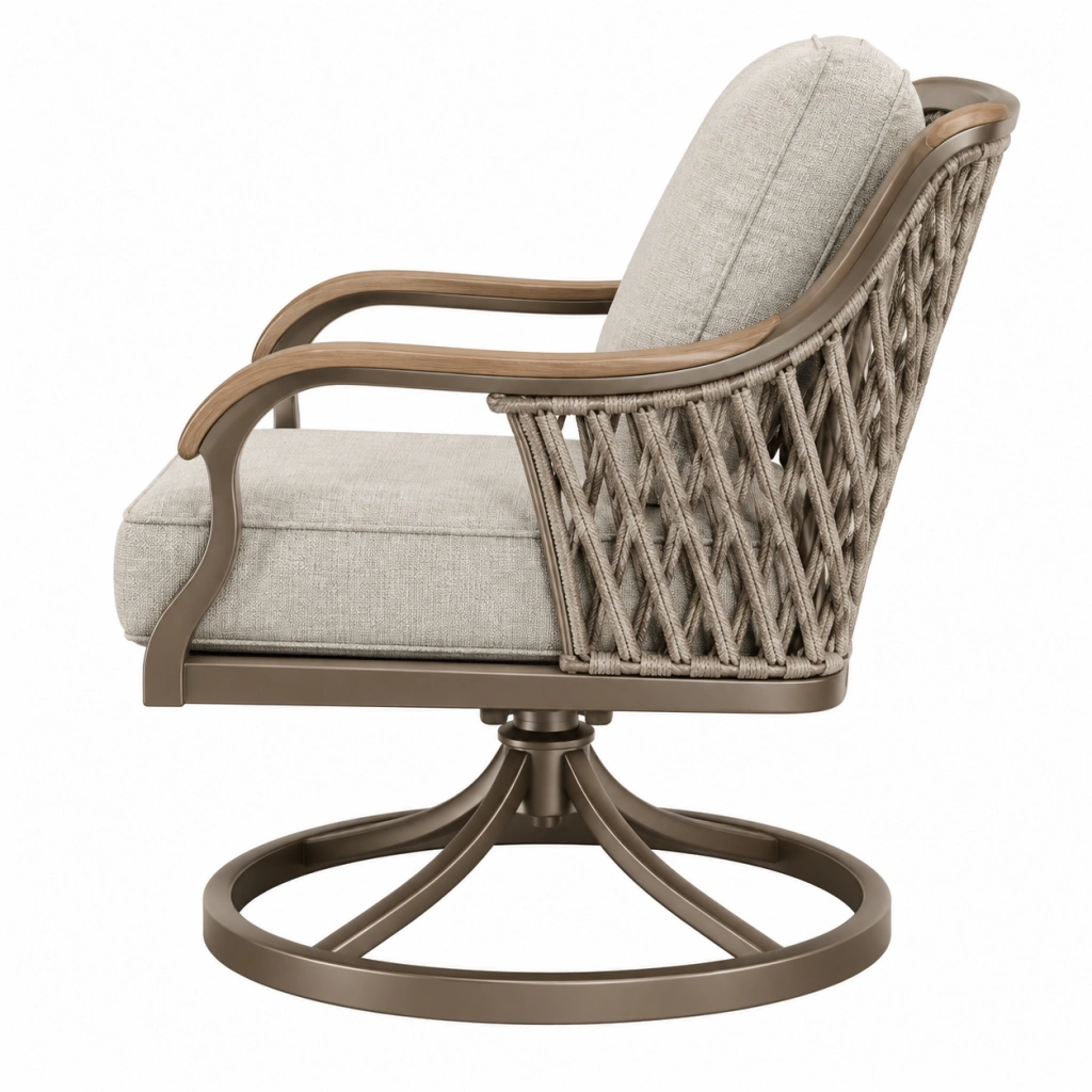 Poltrona girevole 76 x 82 x 90 cm in metallo tortora con corda intrecciata e rivestimento beige