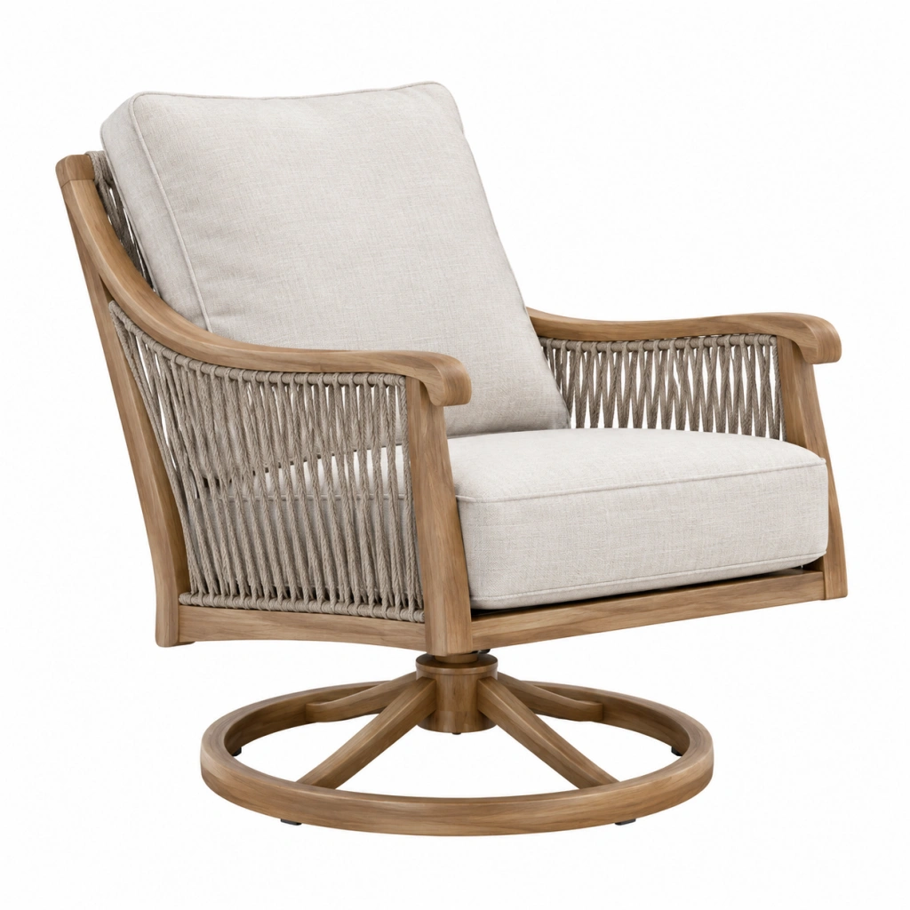 Poltrona girevole 82 x 78 x 90 cm in legno naturale e corda con rivestimento beige stile contemporaneo