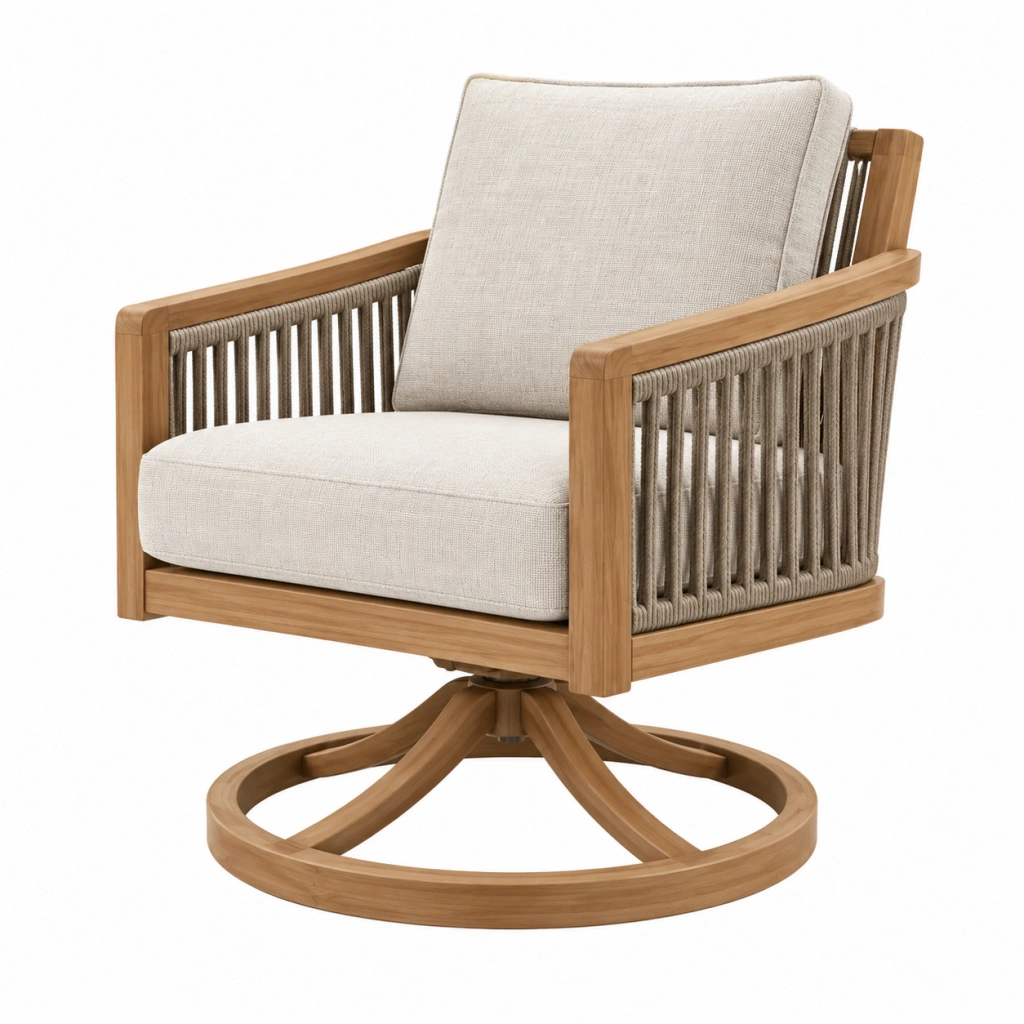 Poltrona girevole 78 x 76 x 85 cm in legno e corda beige stile naturale