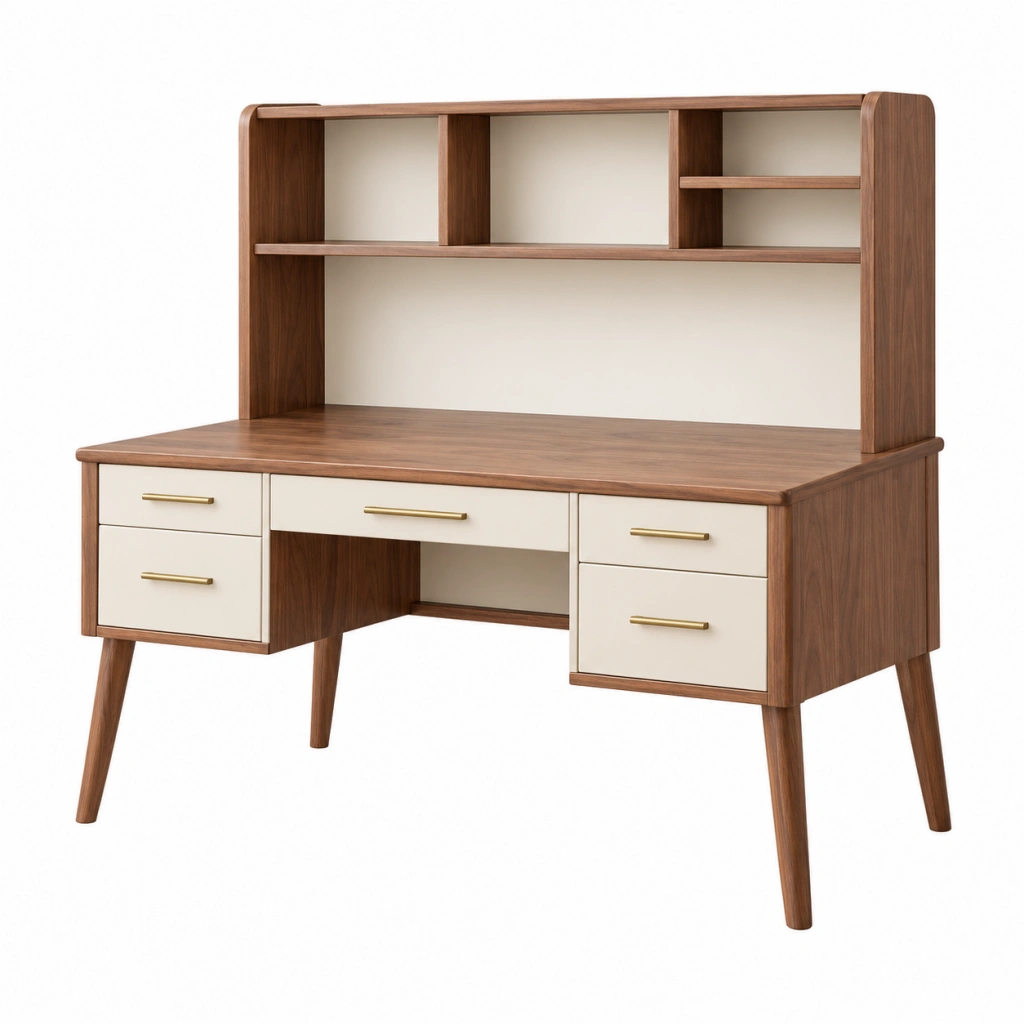 Scrivania 120 x 60 x 150 cm in legno noce e crema con cassetti stile moderno
