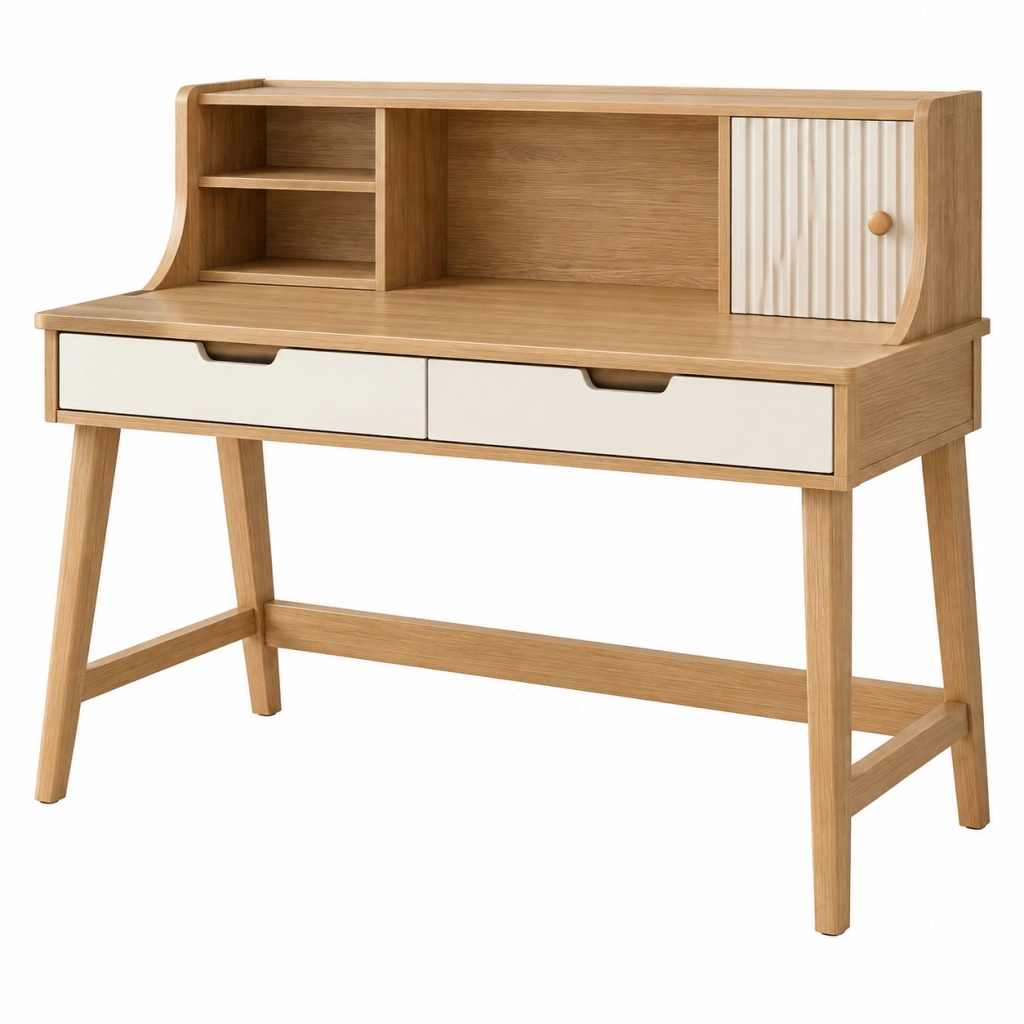 Scrivania con ripiani 120 x 60 x 115 cm in legno naturale e bianco con cassetti stile nordico