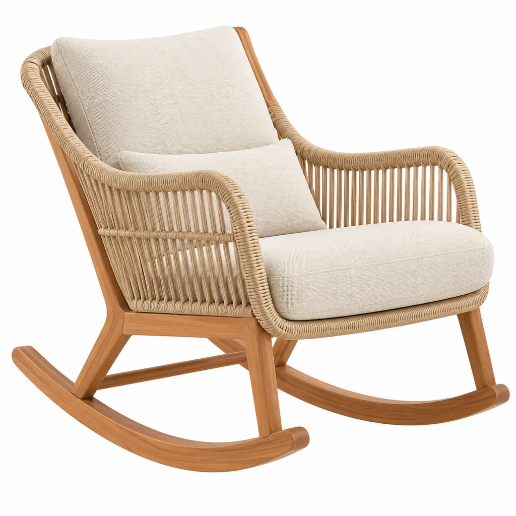 Sedia a dondolo 72 x 95 x 100 cm in legno e rattan naturale beige stile bohémien