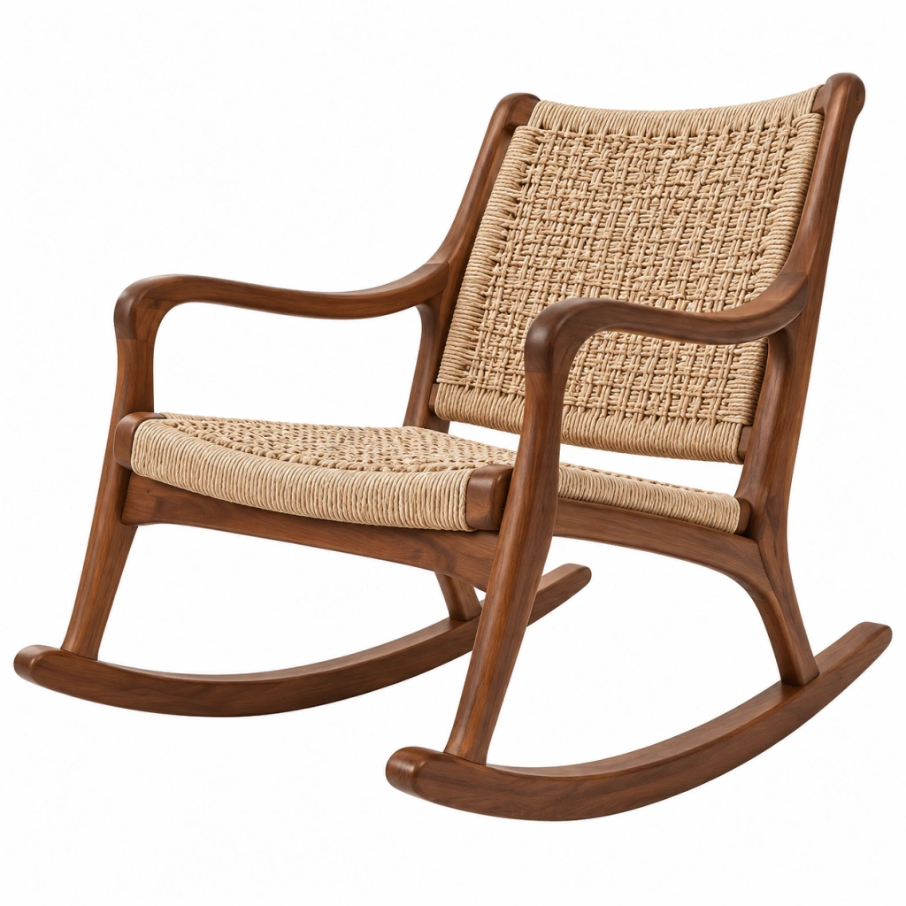 Sedia a dondolo 100 x 65 x 100 cm in legno marrone e corda intrecciata stile naturale
