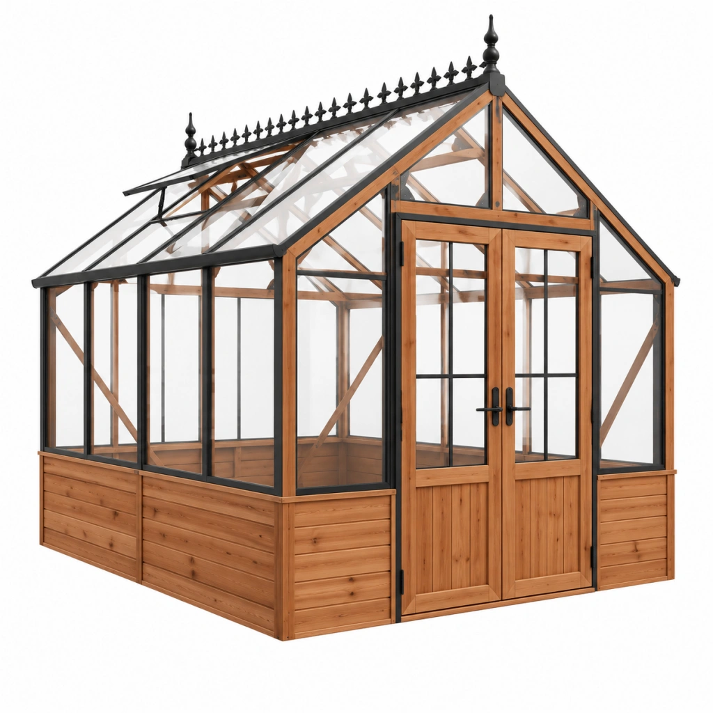 Serra da giardino 240 x 180 x 260 cm in legno e pannelli trasparenti stile vittoriano