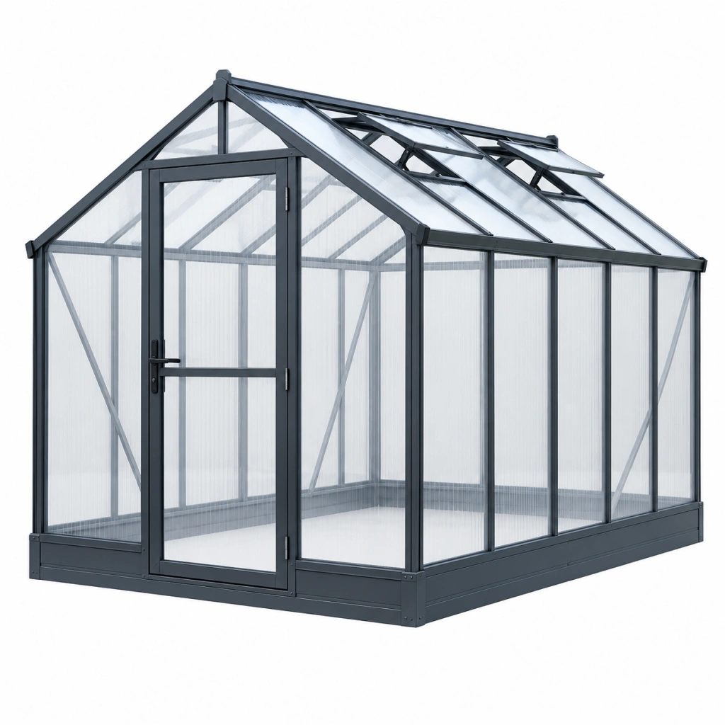 Serra da giardino 190 x 190 x 195 cm - alluminio e policarbonato trasparente grigio antracite con porta e finestre da tetto