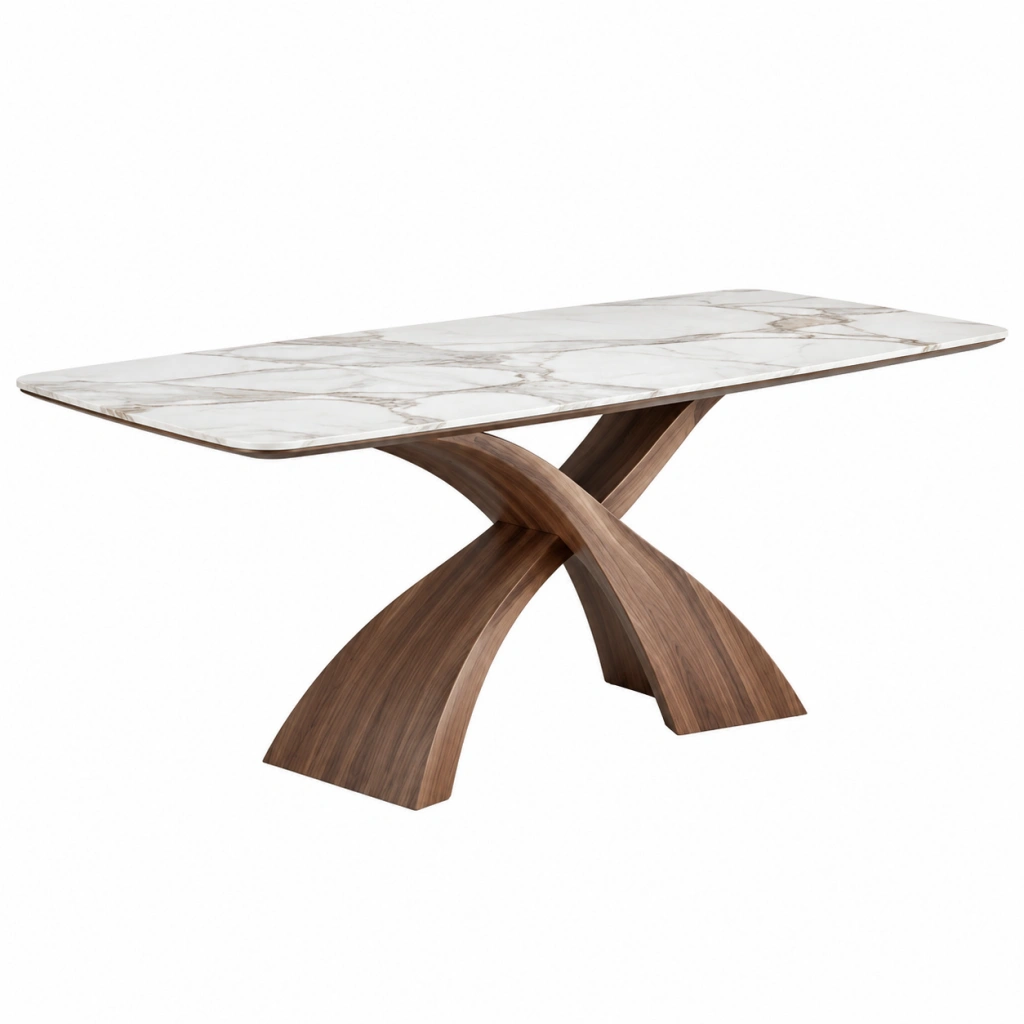Tavolo da pranzo 180x90 cm in ceramica effetto marmo bianco con base in legno noce - stile moderno