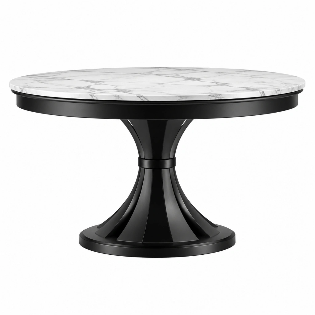 Tavolo da pranzo rotondo Ø120 cm effetto marmo bianco e nero con base centrale